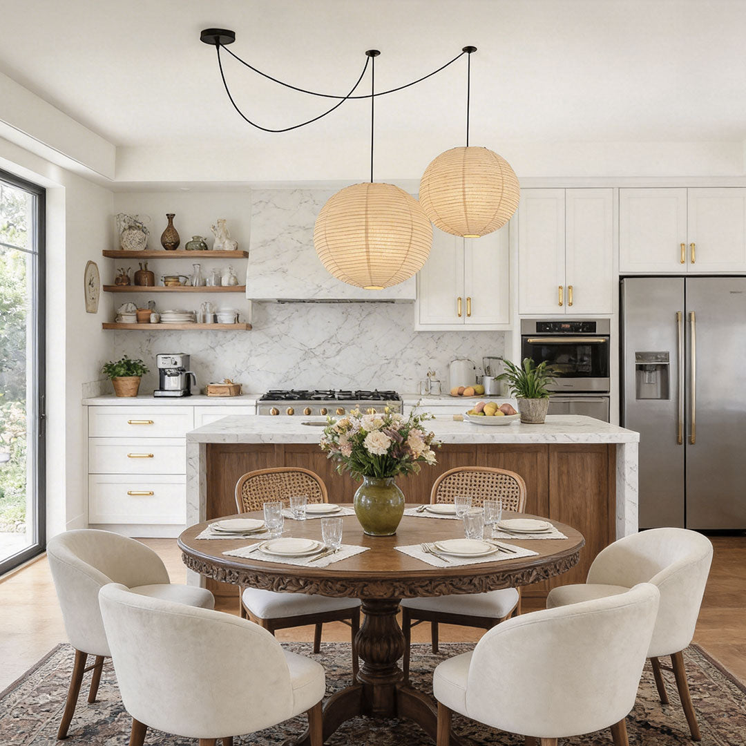 Japanese Paper Pendant Light with Adjustable Cord, Warm Ambient Ceiling Lamp