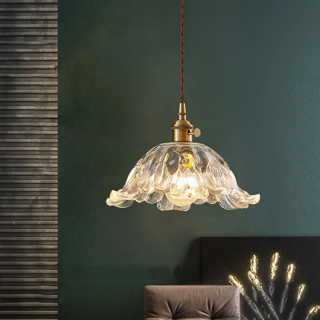 Japanese Floral Glass Pendant Light in Brushed Brass