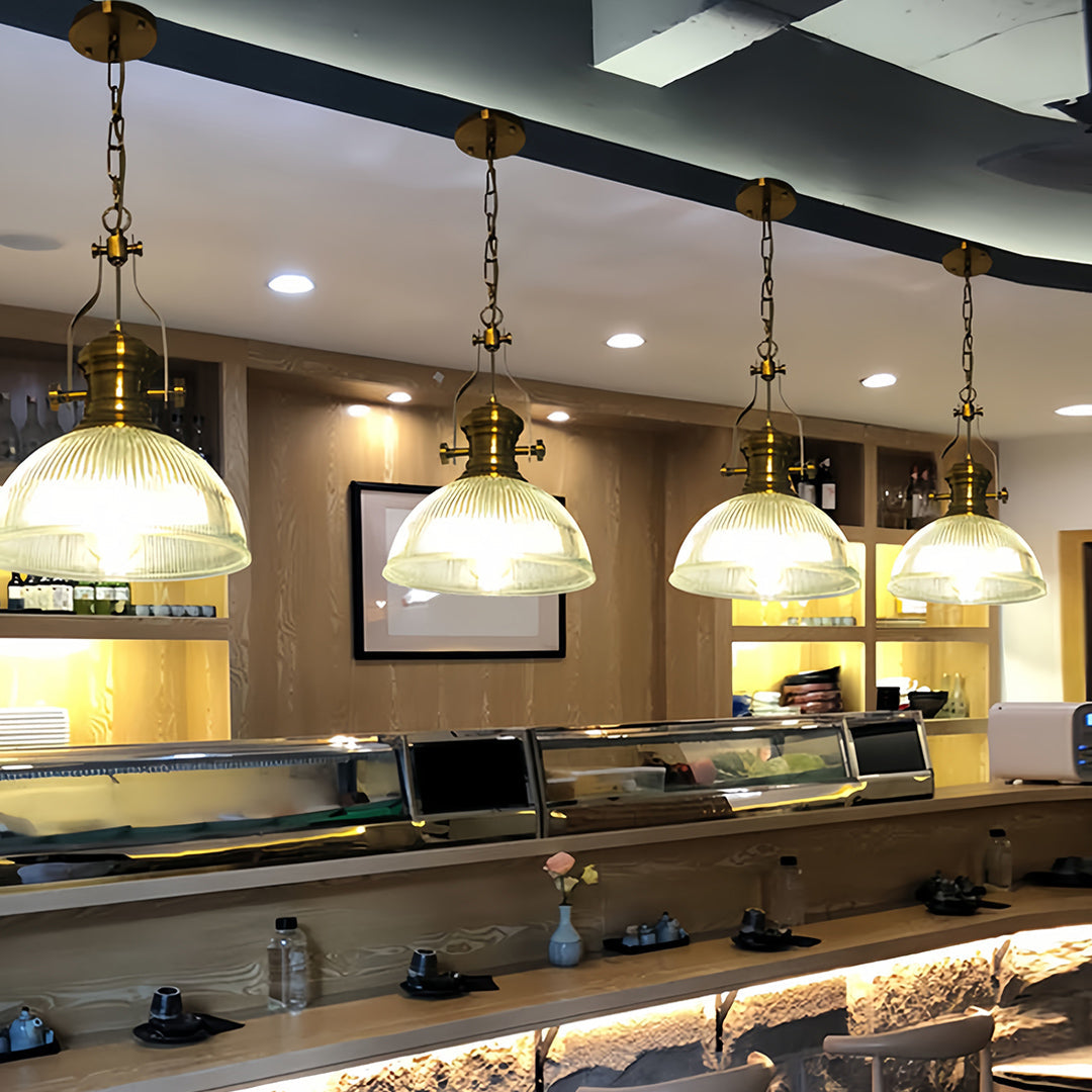 Nordic Textured Glass Pendant Light with Brass Accents, Adjustable Chain