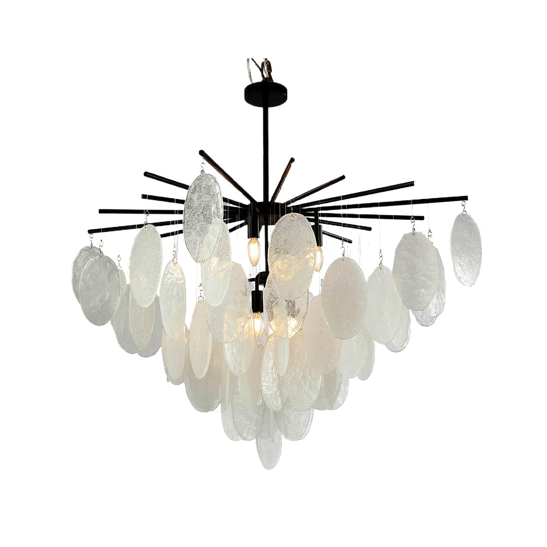 Mother of Pearl Chandelier with Black Metal Frame and Clear Glass Shades