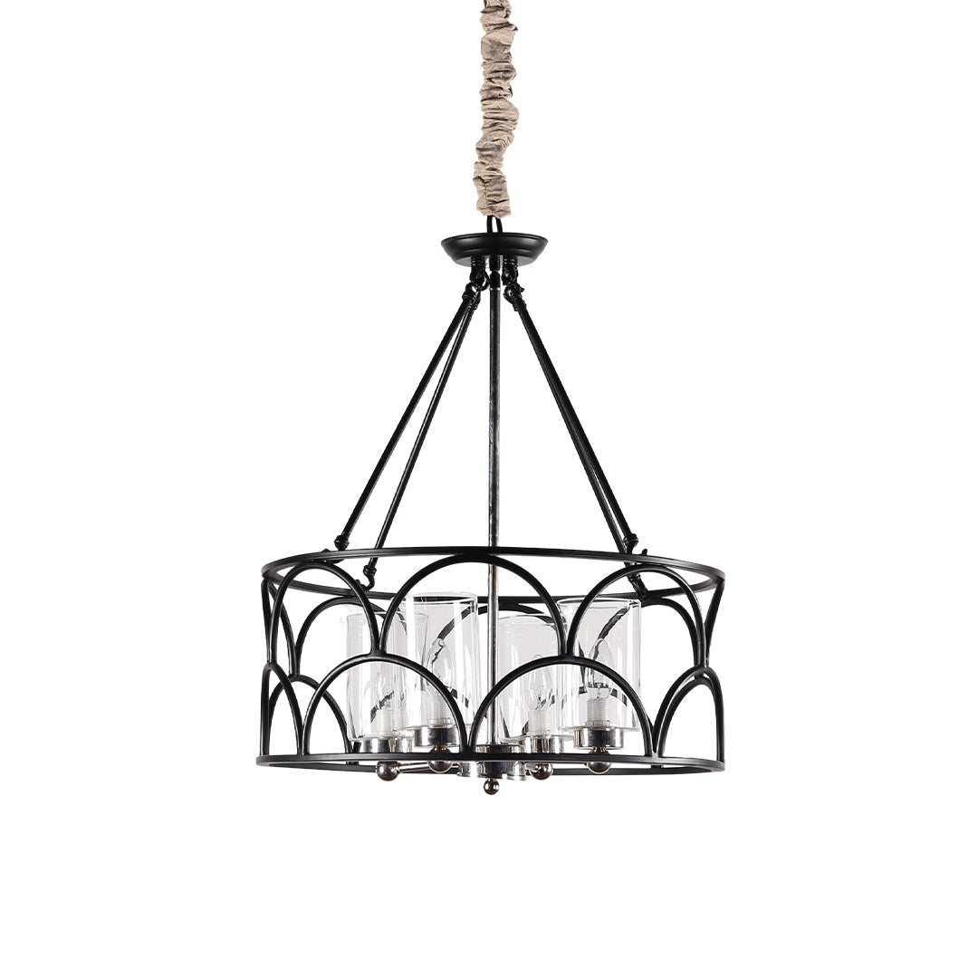American Vintage Black Metal and Glass Chandelier with Adjustable Chain