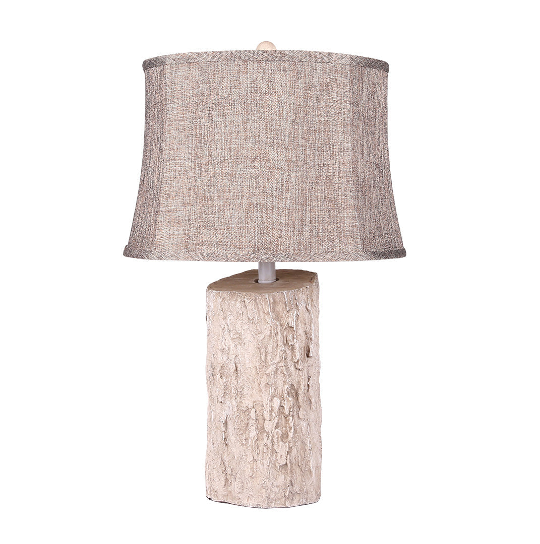 White Wood Table Lamp with Realistic Bark Fabric Shade