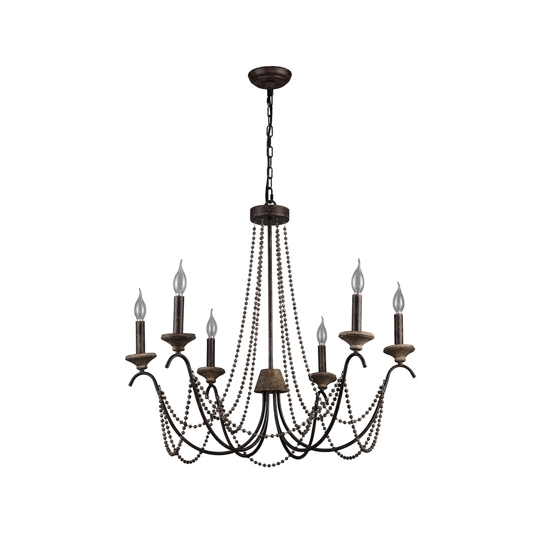 French Pearl Chandelier with Six Candle Sockets in Black Metal