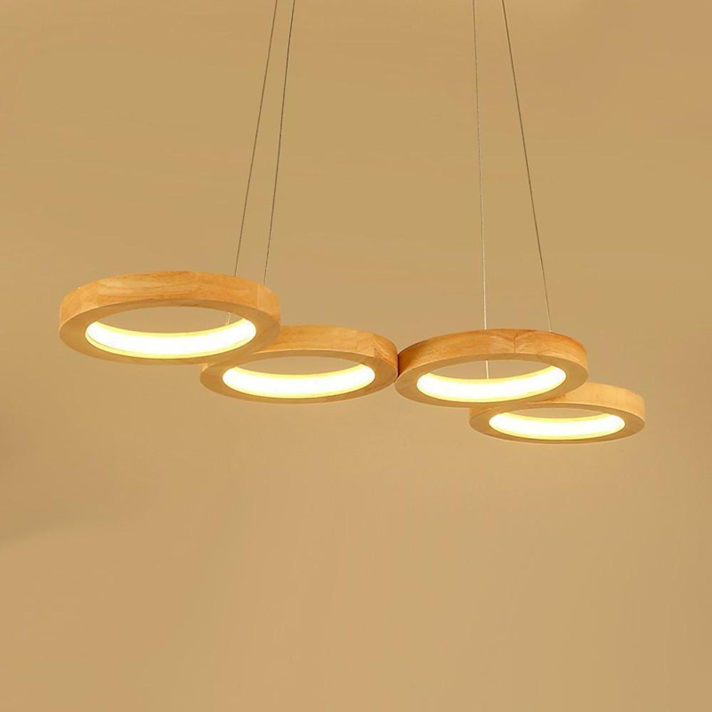 Modern Wood LED Chandelier with Four Ambient Rings for Dining and Living Spaces