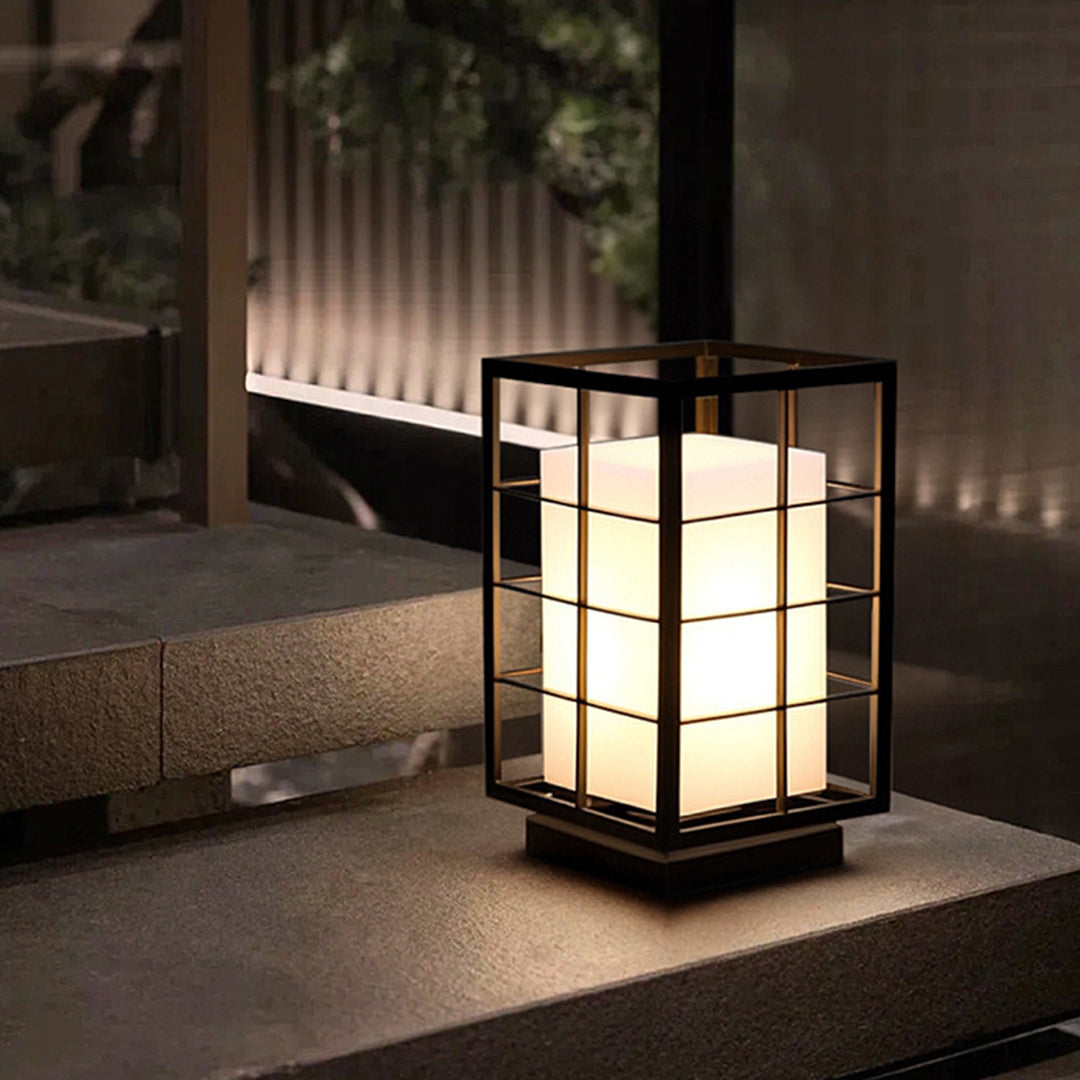 Modern Japanese Outdoor Lantern in Graphite Steel with Warm LED Glow
