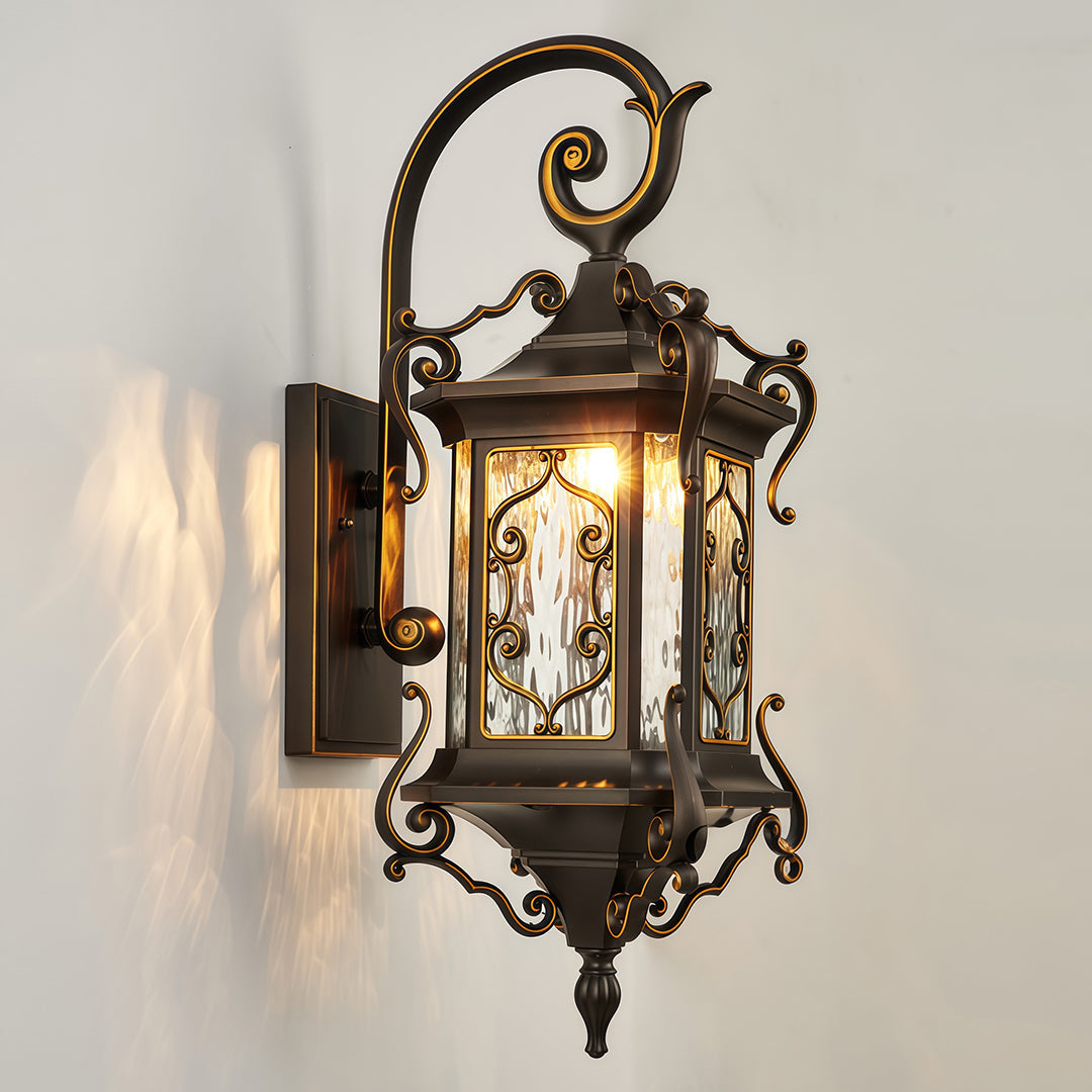 European Outdoor Wall Sconce with Gilded Aluminum Frame and Artisan Glass Shade