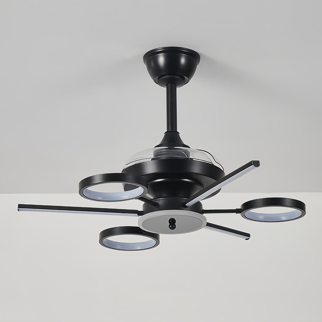 French Vintage Black Iron Ceiling Fan with 7-Light LED Fixture