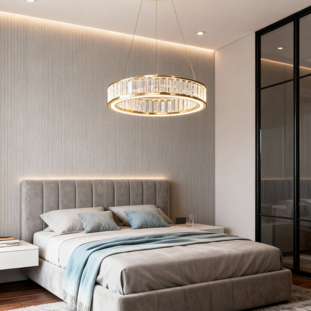 Aurelia Crystal Chandelier – Layered Gold Aluminum & LED Hanging Light