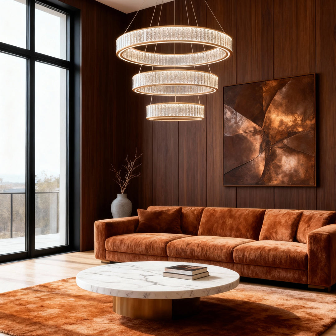 Aurelia Crystal Chandelier – Layered Gold Aluminum & LED Hanging Light