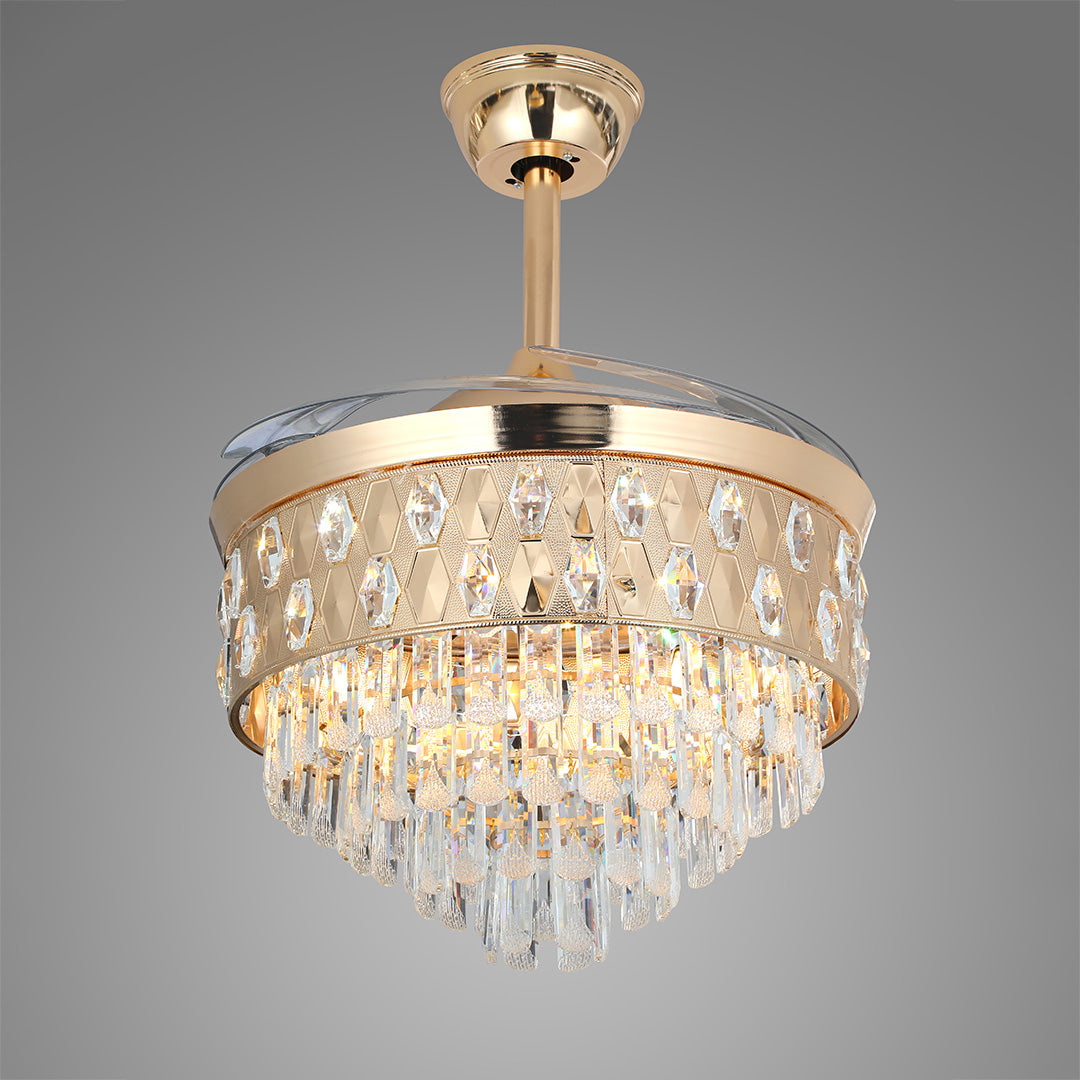 Luxury Crystal Ceiling Fan with Gold Iron Frame and Dimmable LED Light