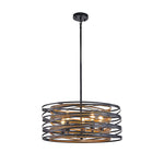 Walnut Accent Black Iron Drum Pendant Light, Adjustable Cylinder Ceiling Lamp