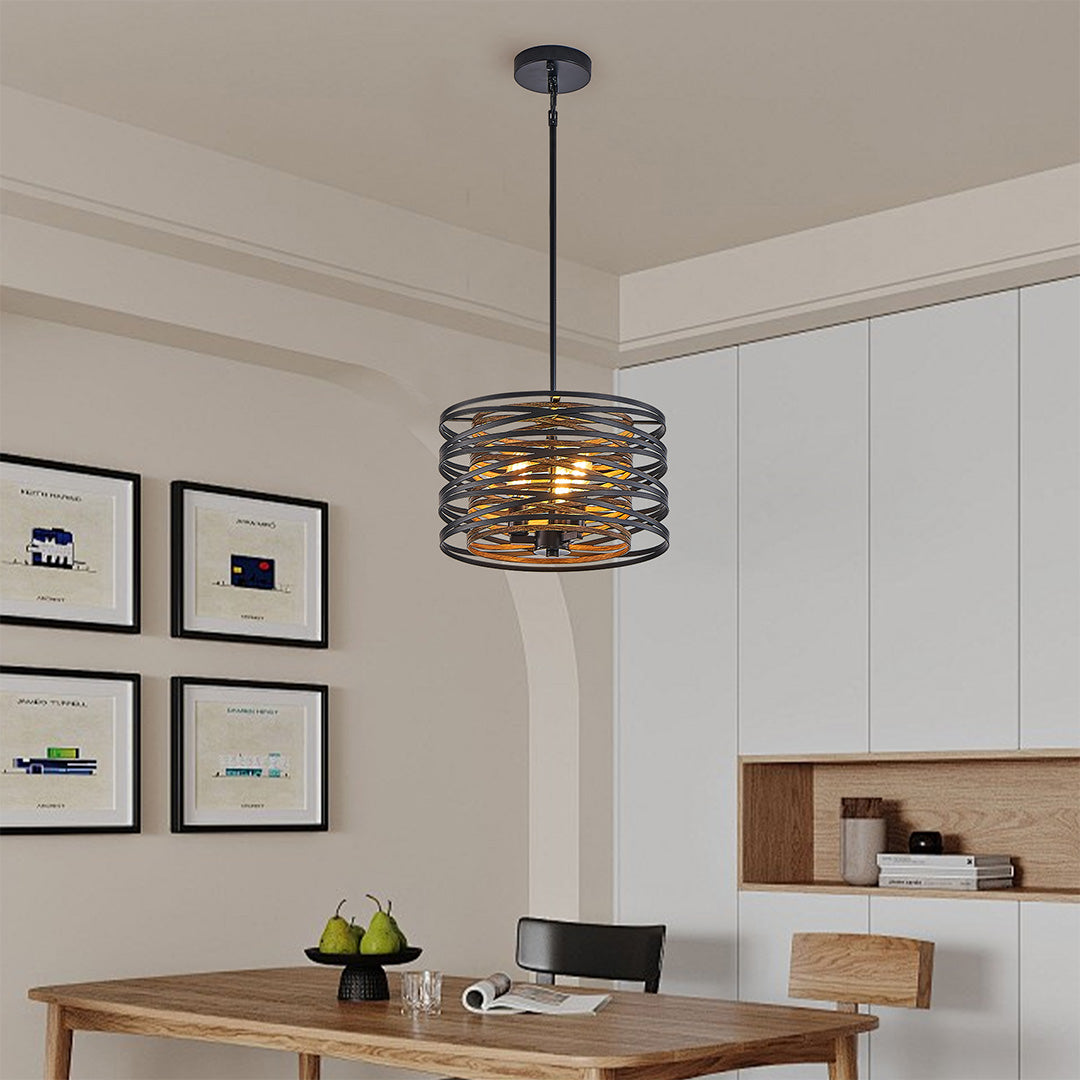 Walnut Accent Black Iron Drum Pendant Light, Adjustable Cylinder Ceiling Lamp