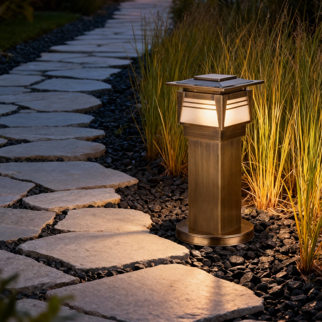 Solid Copper LED Bollard Garden Light with Clear Glass Shade, IP55 Waterproof Outdoor Lamp
