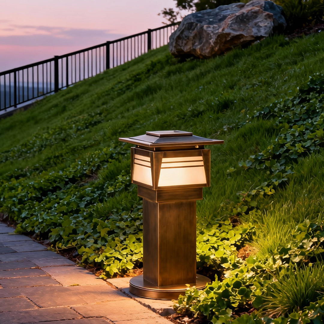 Solid Copper LED Bollard Garden Light with Clear Glass Shade, IP55 Waterproof Outdoor Lamp