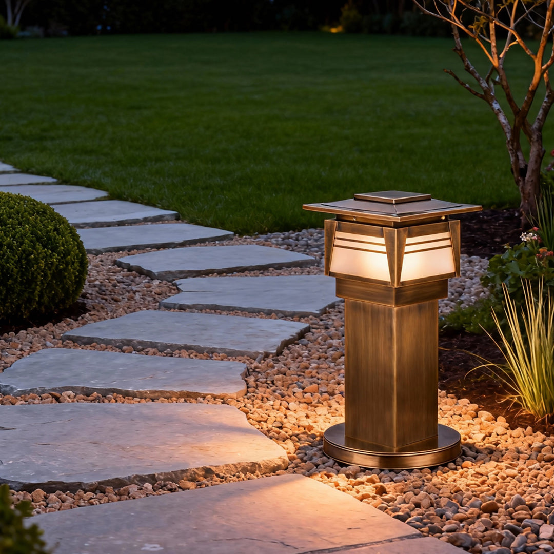 Solid Copper LED Bollard Garden Light with Clear Glass Shade, IP55 Waterproof Outdoor Lamp