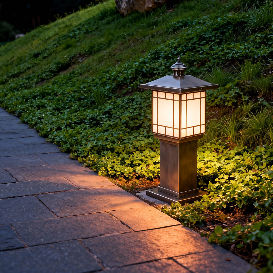 Solid Copper LED Bollard Landscape Light with Glass Shade, IP55 Waterproof for Garden Paths