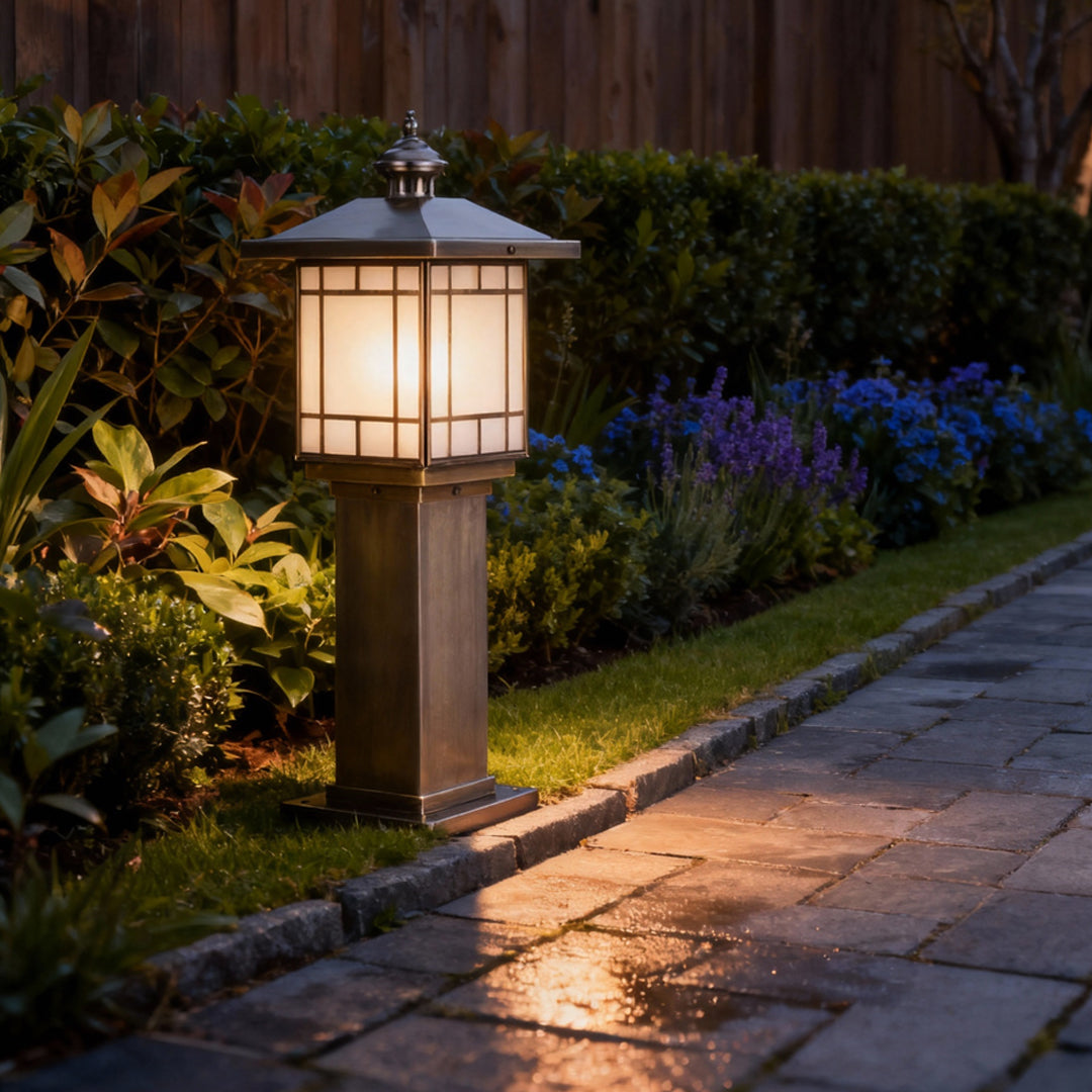 Solid Copper LED Bollard Landscape Light with Glass Shade, IP55 Waterproof for Garden Paths