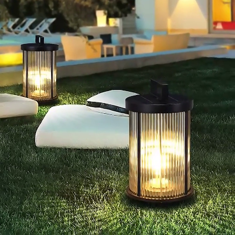 Ribbed Glass Solar Lantern with Stainless Steel Handle for Patio & Garden