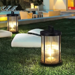 Ribbed Glass Solar Lantern with Stainless Steel Handle for Patio & Garden