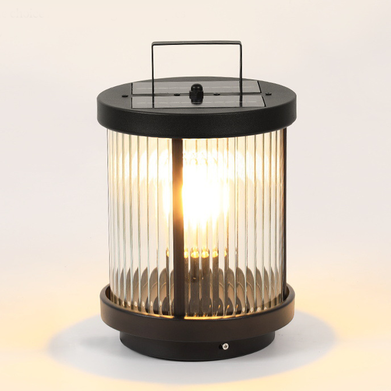 Ribbed Glass Solar Lantern with Stainless Steel Handle for Patio & Garden
