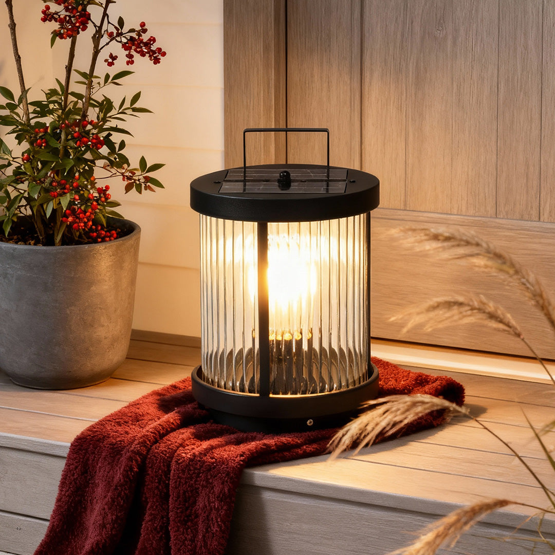 Modern Solar Lantern with Striped Glass Shade for Patio and Garden