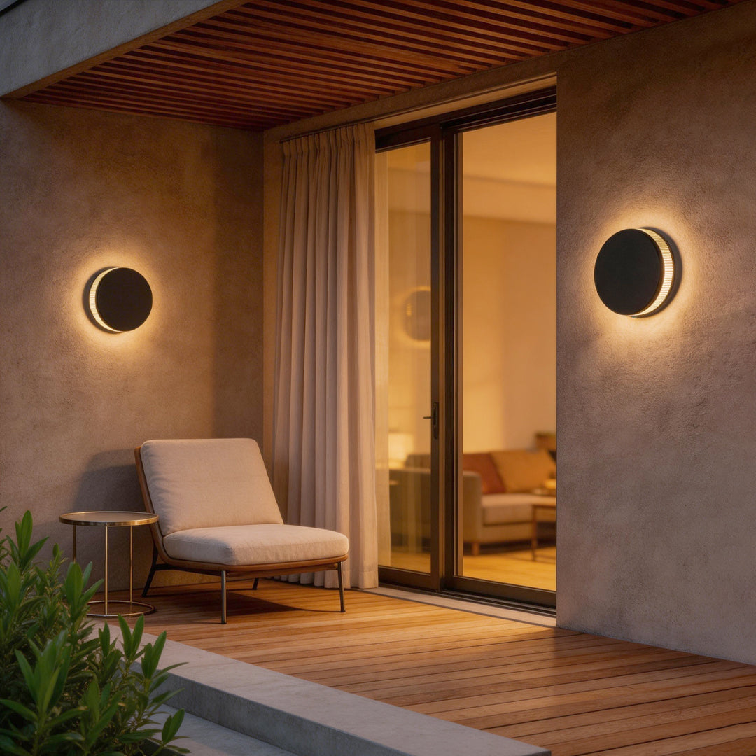 Modern Round Outdoor Wall Sconce in Black Stainless Steel with Warm LED Glow