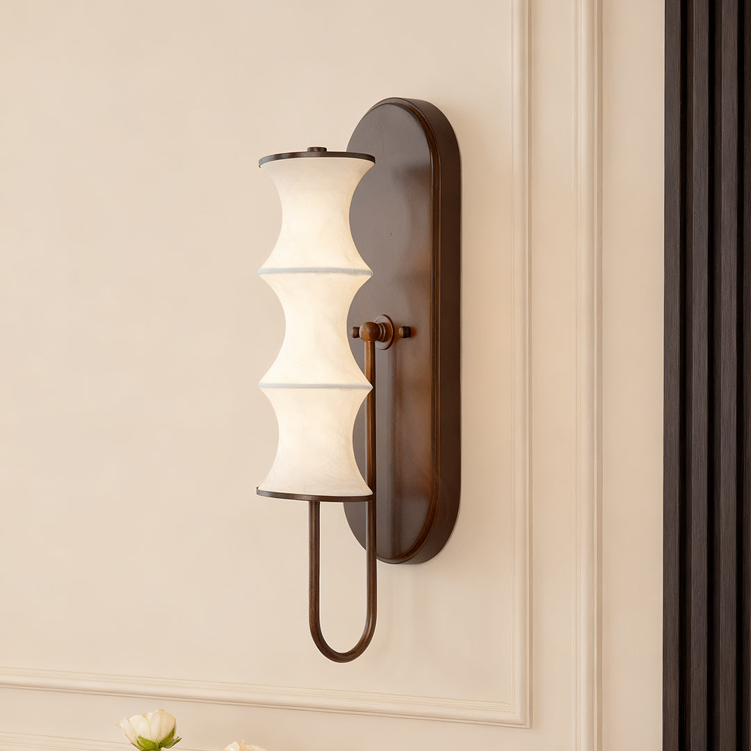 French Vintage Bamboo Silk Wall Sconce with Walnut Metal Accents