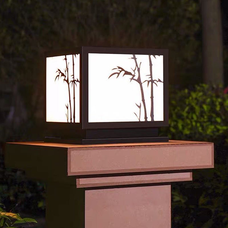 Solar-Powered LED Pillar Light with Bamboo-Texture Acrylic Shade