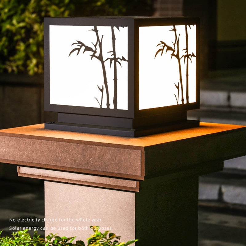 Solar-Powered LED Pillar Light with Bamboo-Texture Acrylic Shade