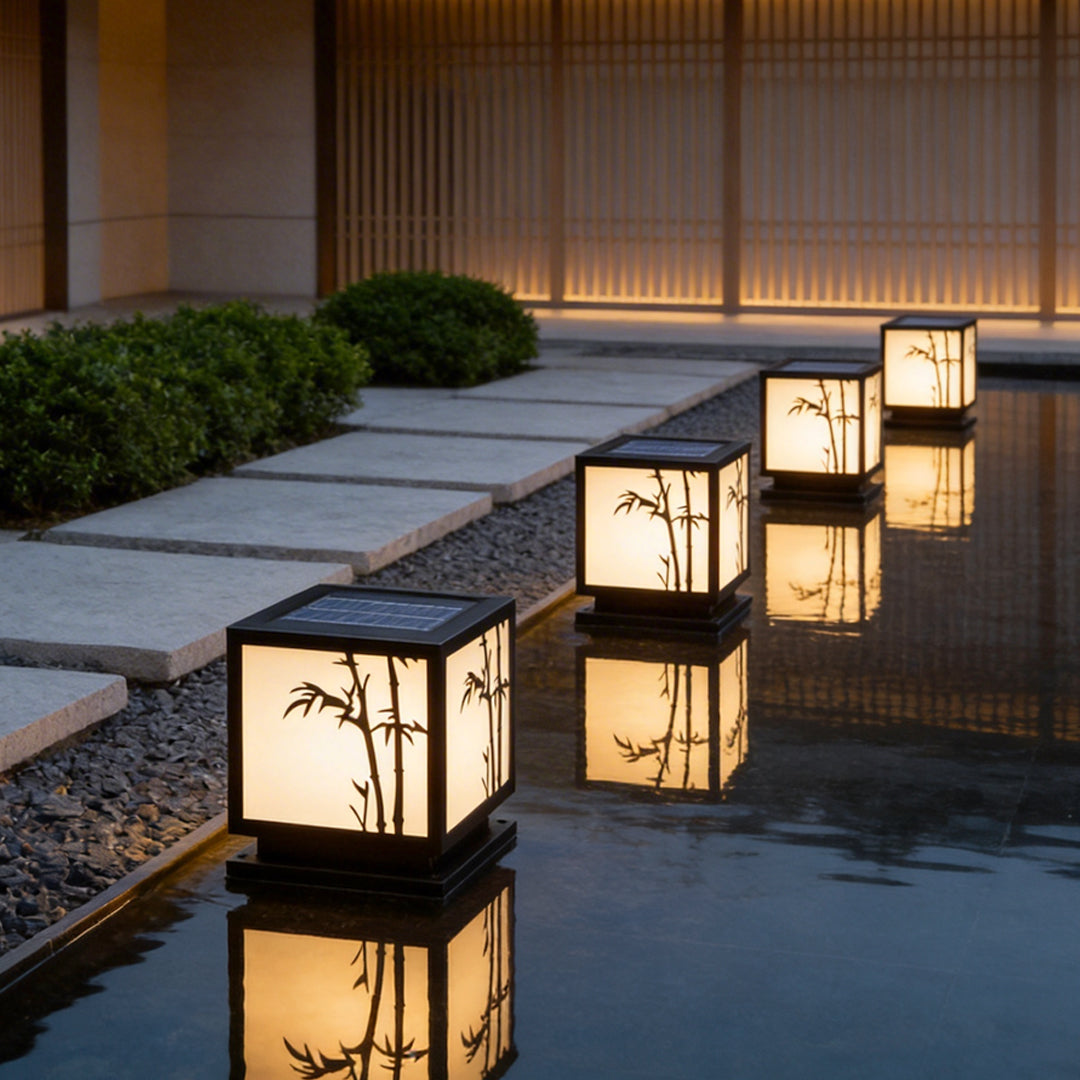 Solar-Powered LED Pillar Light with Bamboo-Texture Acrylic Shade