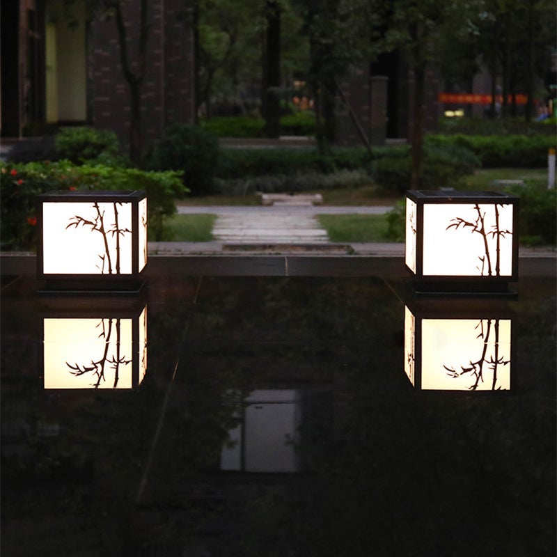 Solar-Powered LED Pillar Light with Bamboo-Texture Acrylic Shade