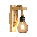 Rustic Iron Wall Sconce with Hemp Rope and Wood Accent