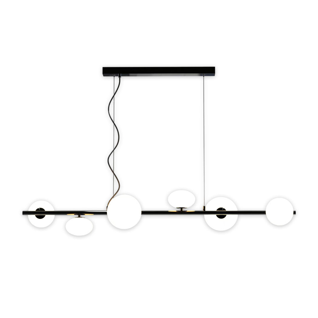 Linear Modern Chandelier with Six Glass Globes for Dining and Living Spaces