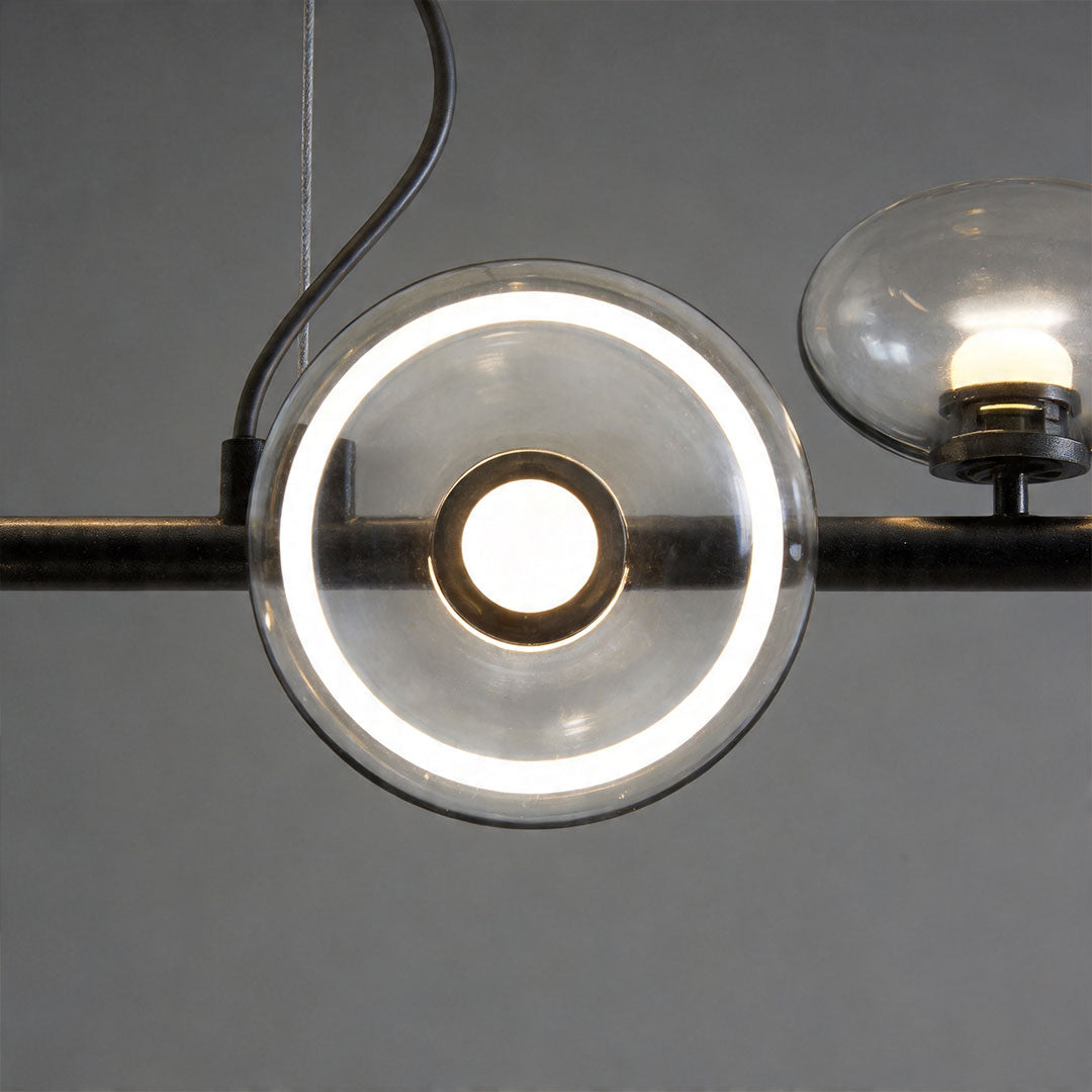 Linear Modern Chandelier with Six Glass Globes for Dining and Living Spaces