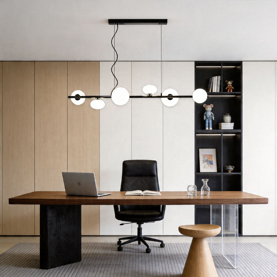 Linear Modern Chandelier with Six Glass Globes for Dining and Living Spaces