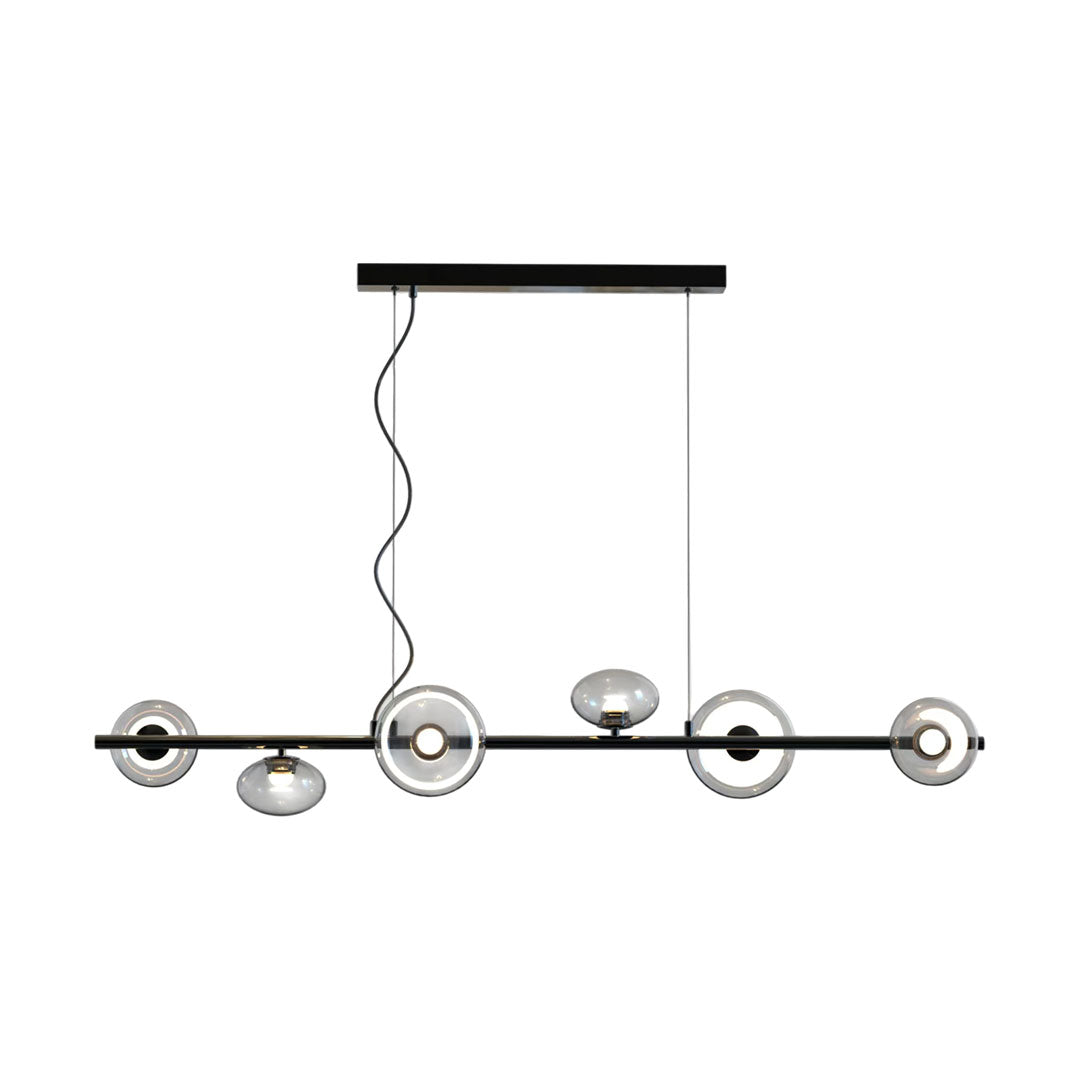Linear Modern Chandelier with Six Glass Globes for Dining and Living Spaces
