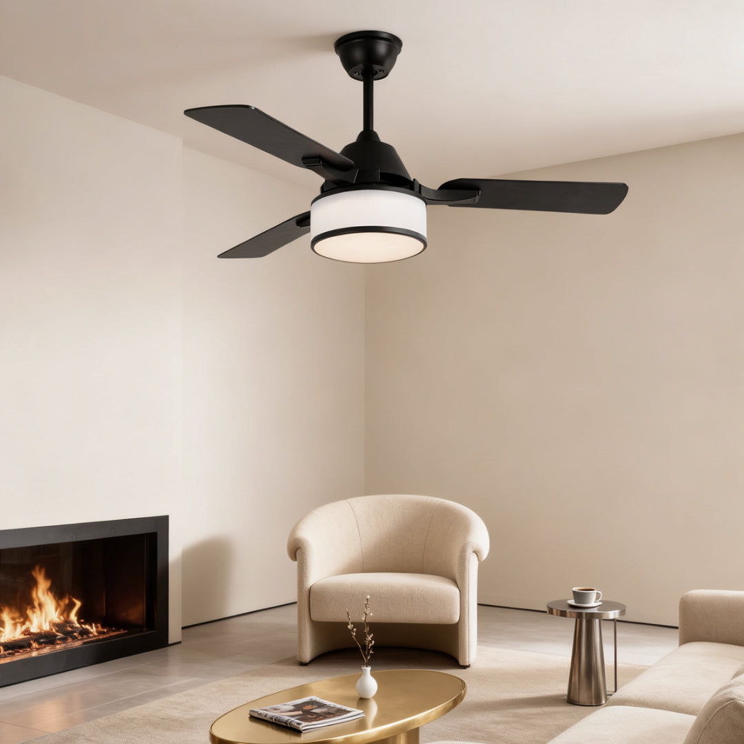 European Retro Ceiling Fan with Fabric Shade and LED Light