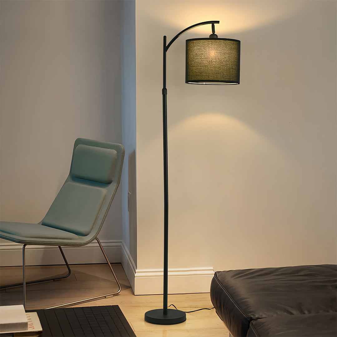 Arc Floor Lamp with Fabric Shade and Marble Base – Modern Minimalist Lighting for Living Room