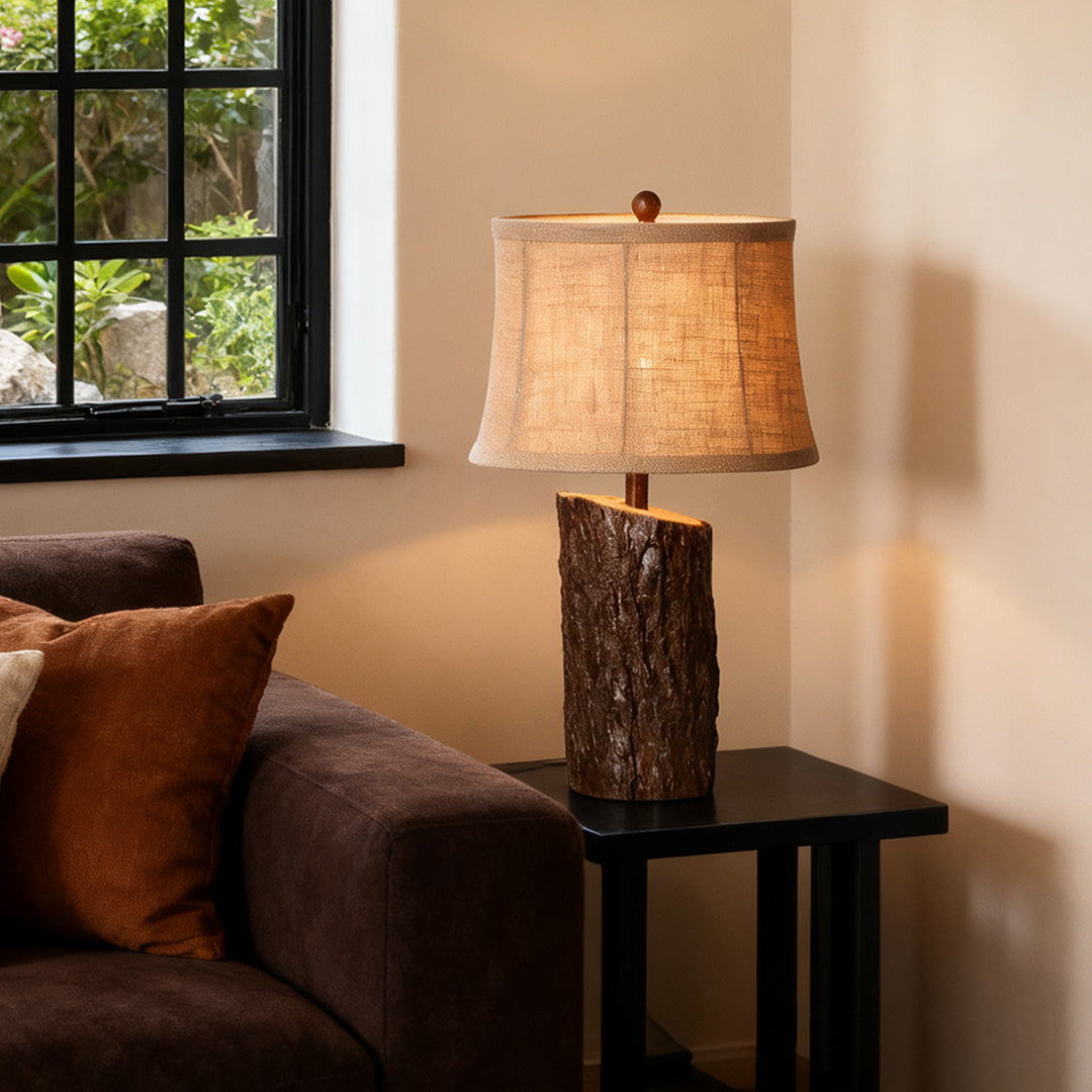 Rustic Bark-Textured Table Lamp with Linen Shade for Cozy Interiors