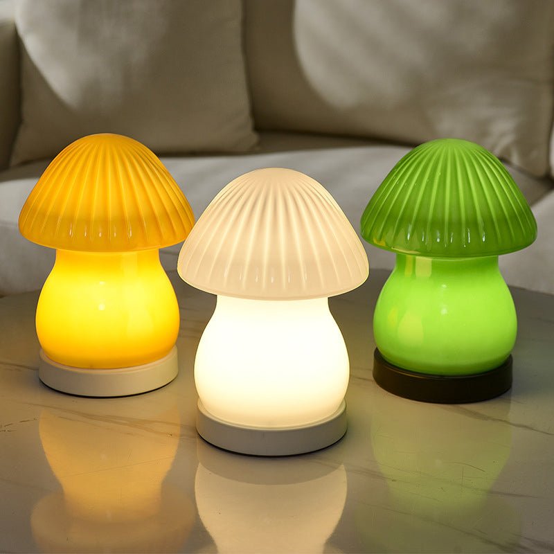 Mushroom LED Table Lamp with Glass Shade and Iron Base
