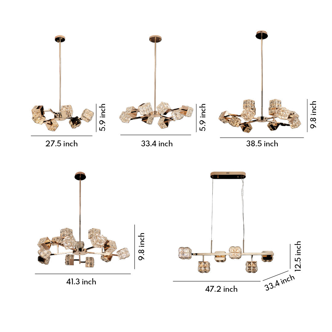 Modern Crystal Cube Chandelier in Champagne Gold for Living and Dining Spaces