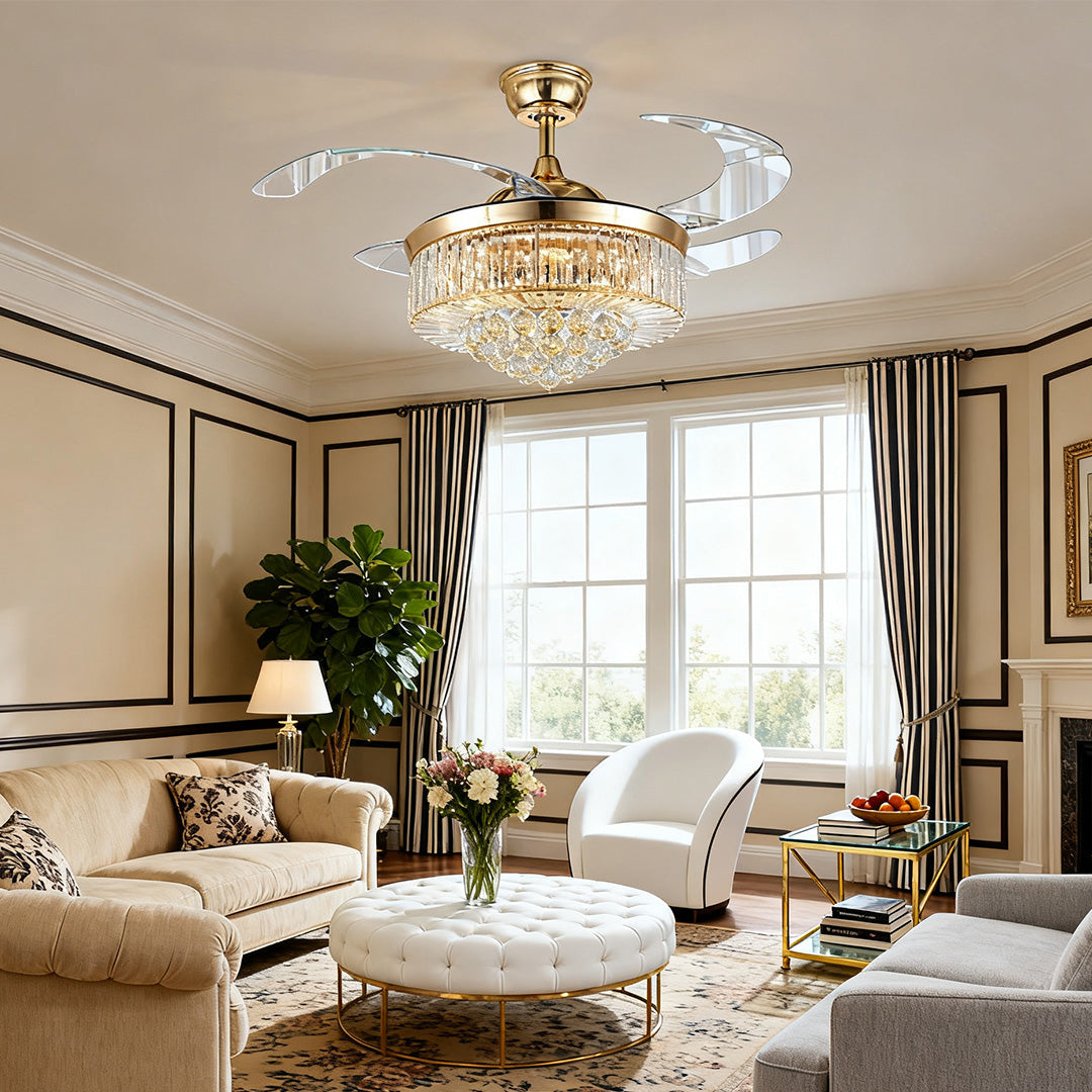 Crystal Ceiling Fan with Light – Gold Iron, European Luxury Design