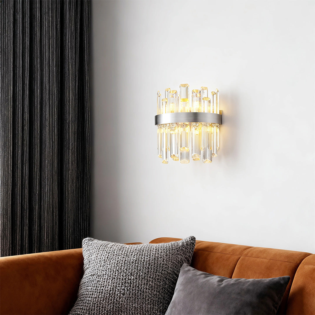 French Crystal Wall Sconce with Dual Light Heads in Copper, Nickel, or Black