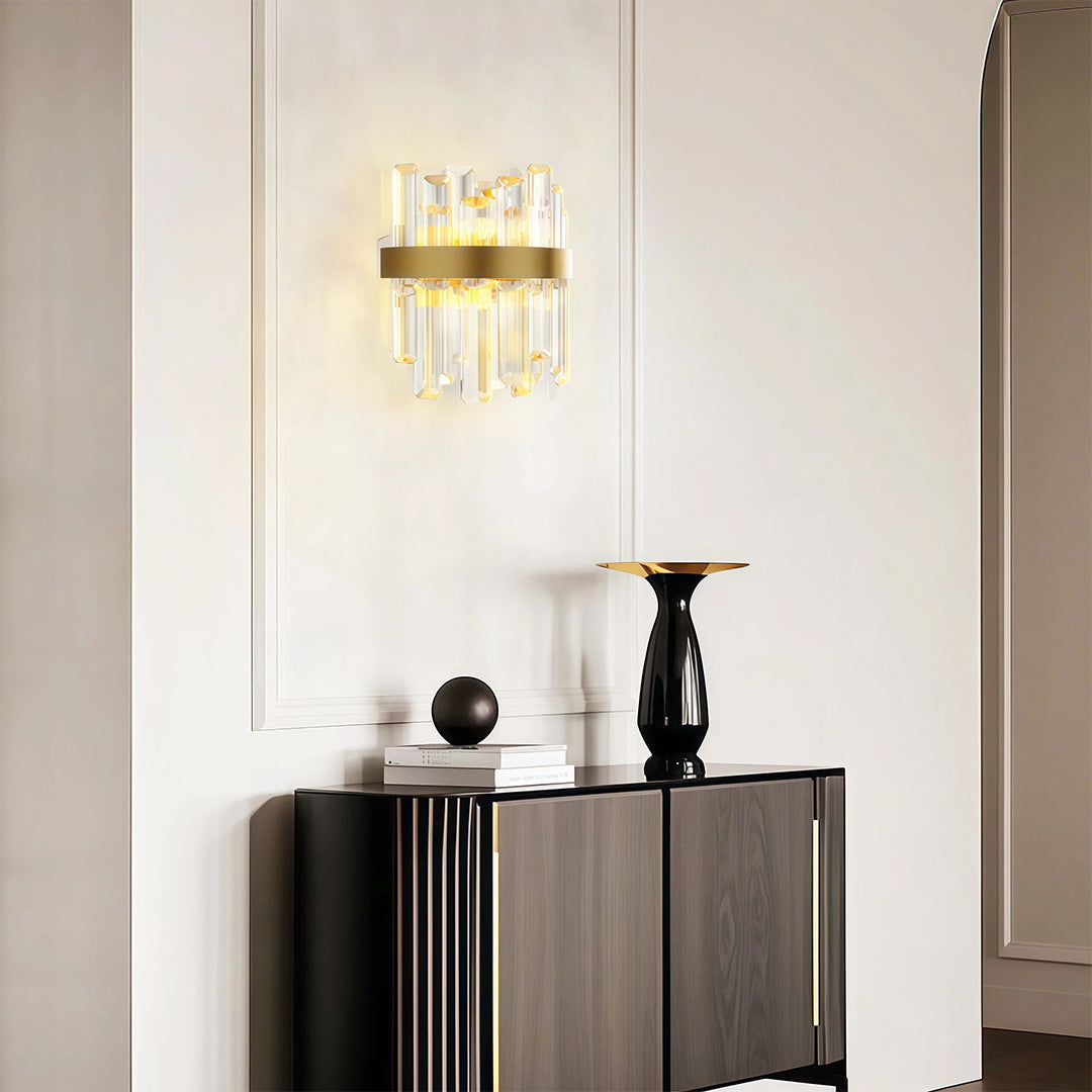 French Crystal Wall Sconce with Dual Light Heads in Copper, Nickel, or Black