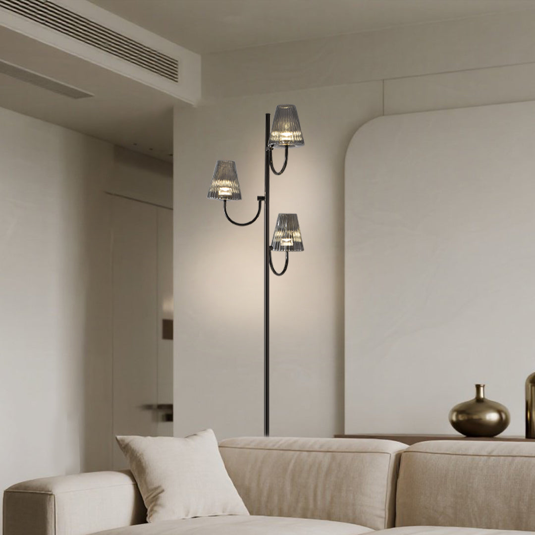 Minimalist Black Contemporary Floor Lamp with Three Glass Shades