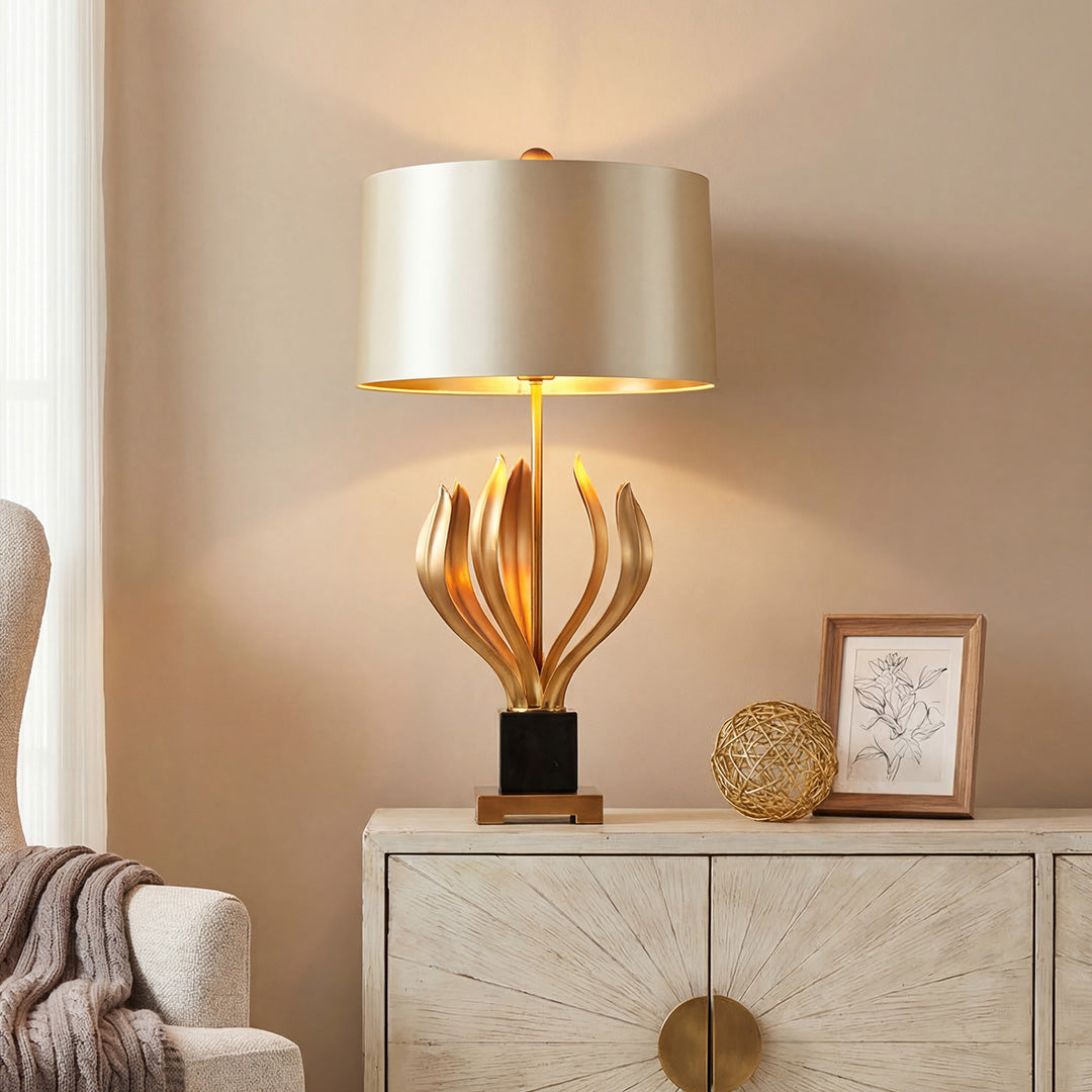 Vintage Gold Metal Table Lamp with Champagne Fabric Shade for Bedroom