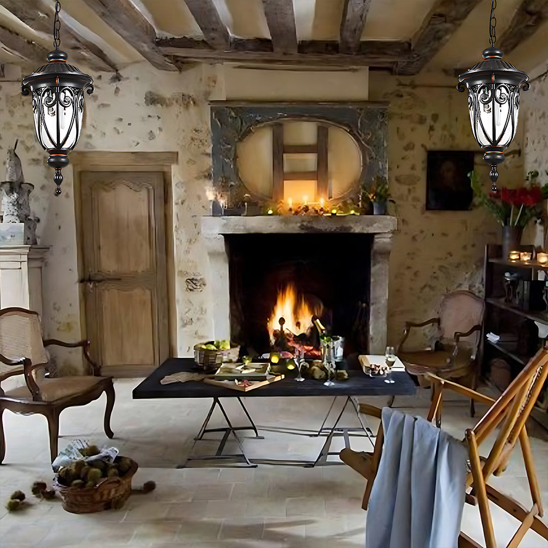 European-Style Black Aluminum Pendant Light with Glass Shade for Outdoor & Indoor Use