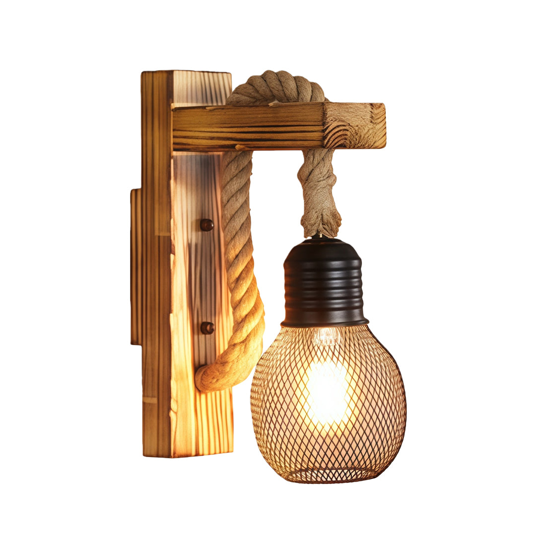 Rustic Iron Wall Sconce with Hemp Rope and Wood Accent