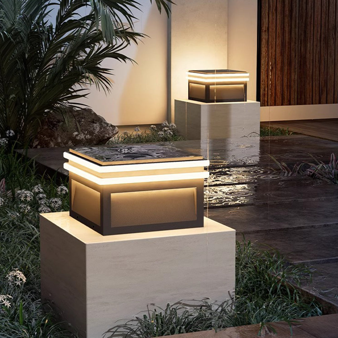 Square Stainless Steel Pier Mount Pillar Light with Warm LED Glow