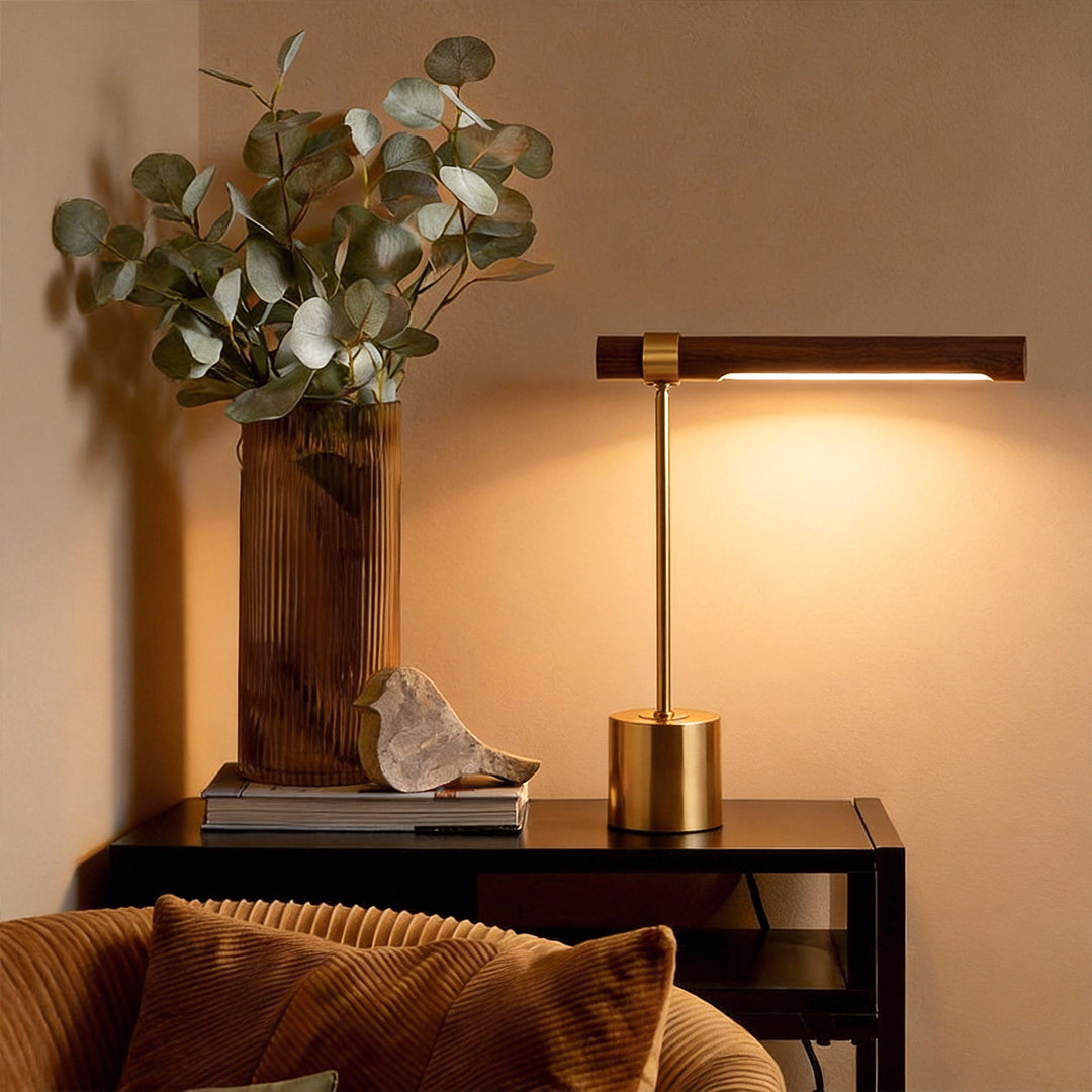 Linear LED Desk Lamp in Wood and Brass, Mid-Century Modern